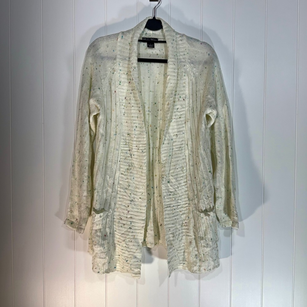 Evelyn Taylor Women Cream Confetti Fleck Ribbed Open Front Cardigan Sweater L